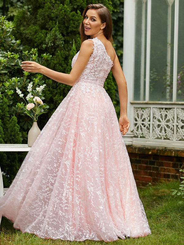 Romantic A-line One Shoulder 3D Floral Lace High Slit Floor Length Formal Evening Dress