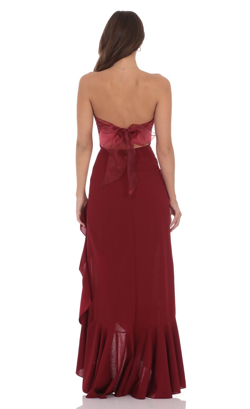 Romantic Burgundy Strapless Ruffled High Slit Tie-back Floor-length Evening Dresses