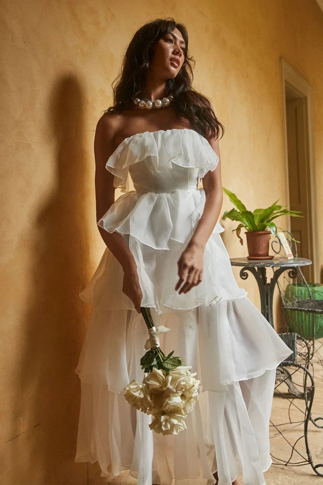 Romantic Tulle A-Line Strapless Ruffle Sleeveless Zipper Back Tiered Maxi Evening Dresses
