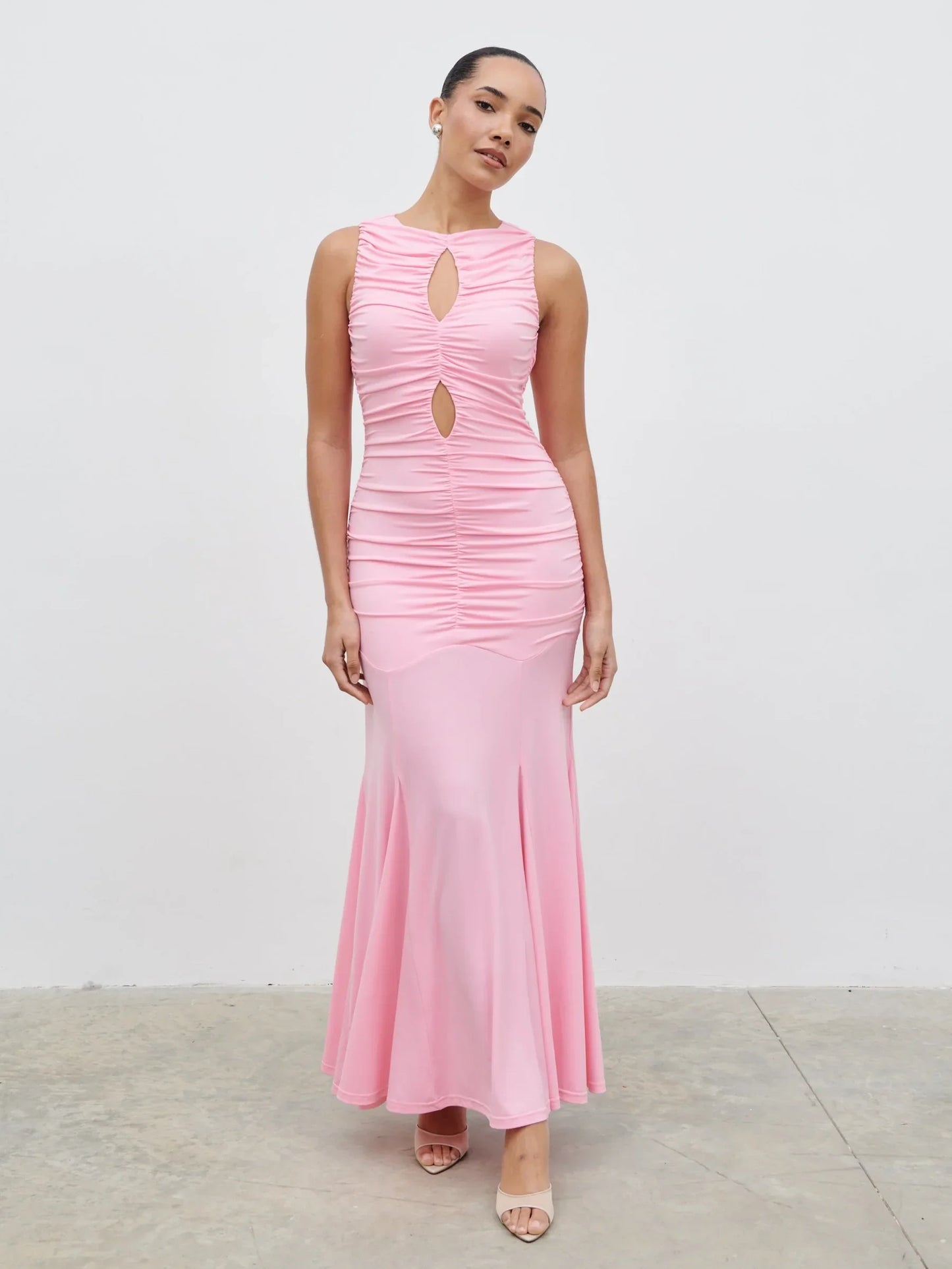 Ruched Mermaid Keyhole Neck Sleeveless Keyhole Back Floor-Length Prom Dresses