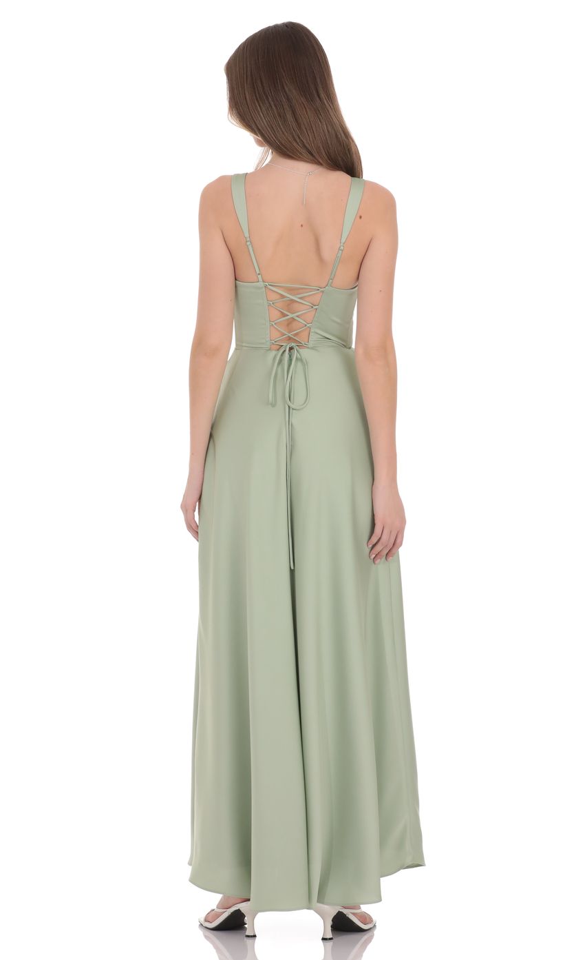 Sage Green V-Neck Satin Evening Dress with Lace-Up Back & A-Line Skirt