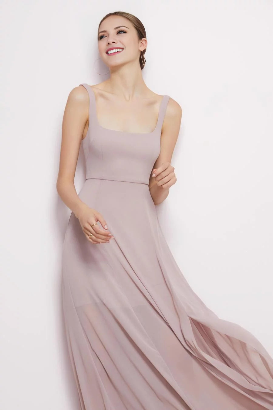 Satin-Smooth A-Line Square Neck Sleeveless Back Zip Side-Slit Floor-Length Evening Dress