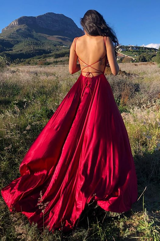 Satin A-Line Cowl Neck Spaghetti Straps Lace-Up-Back Floor-Length Slit Prom Dress