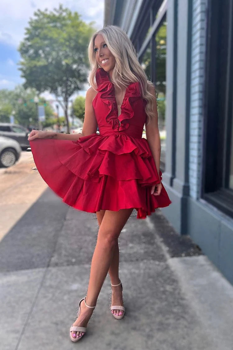 Satin A-Line Halter Neck Ruffle Open Back Short Length Homecoming Dresses