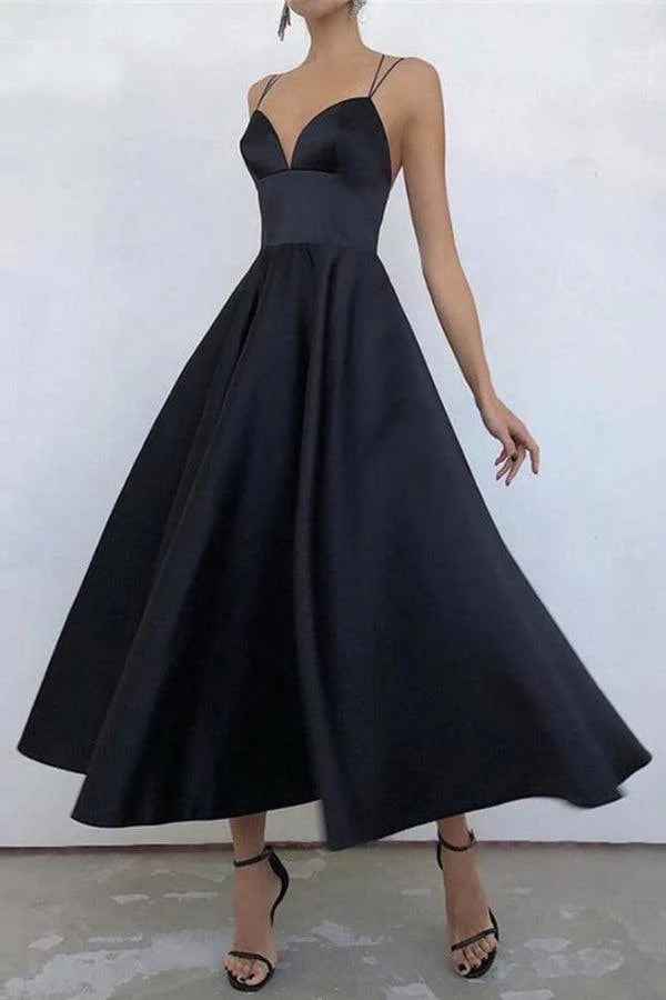 Simple V Neck Satin Burgundy Tea Length Evening Dresses