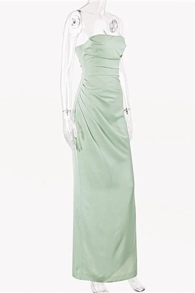 Simple Satin Sheath High Slit Strapless Sleeveless Back Zipper Floor-Length Prom Dresses