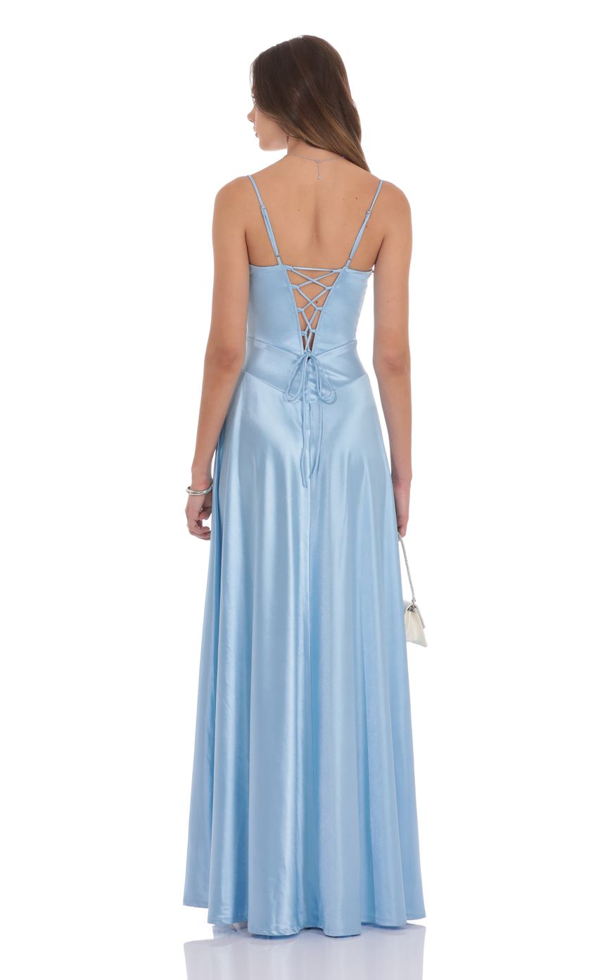 Sky Blue Spaghetti Strap Satin Evening Dress with Corset Bodice & Lace-Up Back