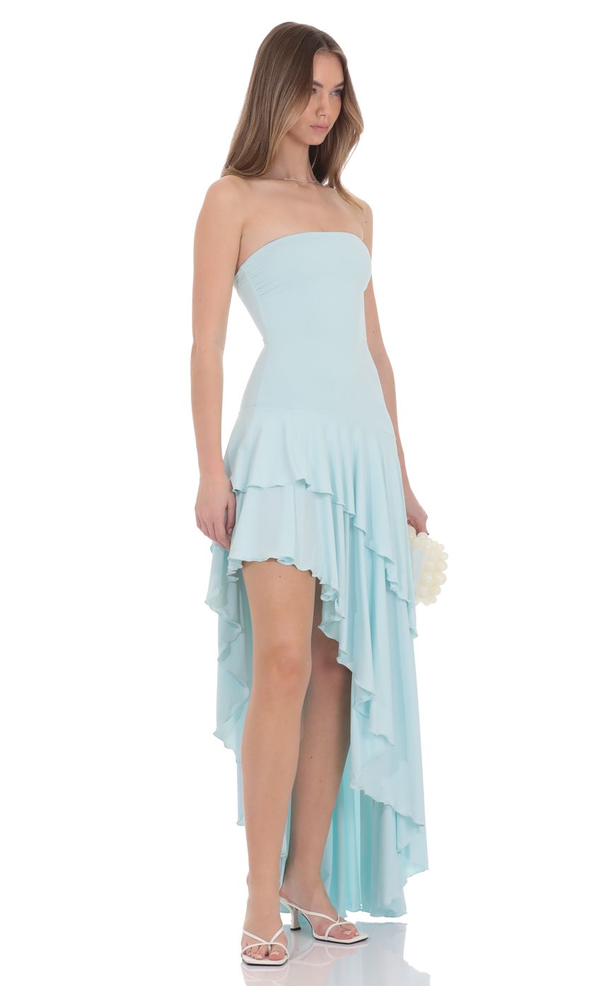 Sky Blue Strapless Chiffon Evening Dress with Asymmetric Ruffled Hem