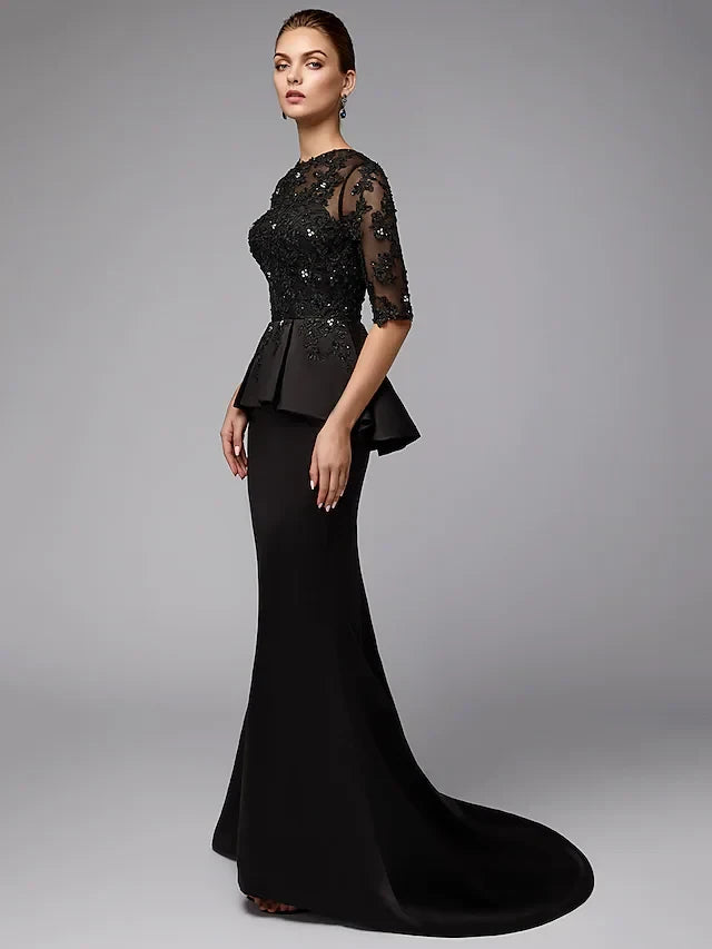 Sophisticated Lace Mermaid Boat Neck Half Sleeve Closed Back Floor-Length Mother of the Bride Dresses
