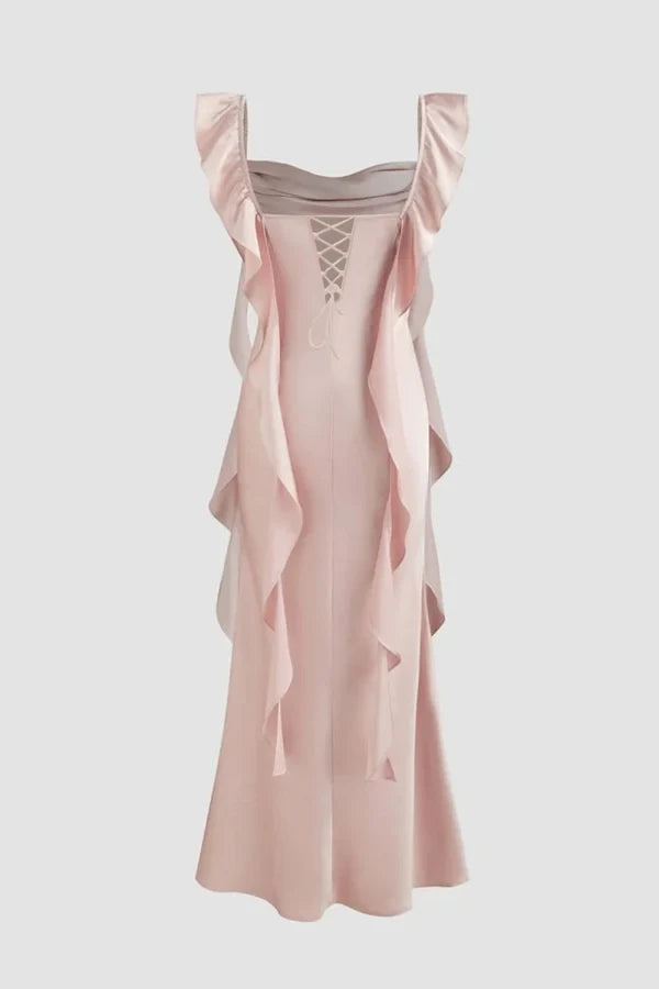 Sophisticated Satin Sheath Cowl Neck Ruffled Cap Sleeves Lace-Up Back Midi Length Evening Dresses