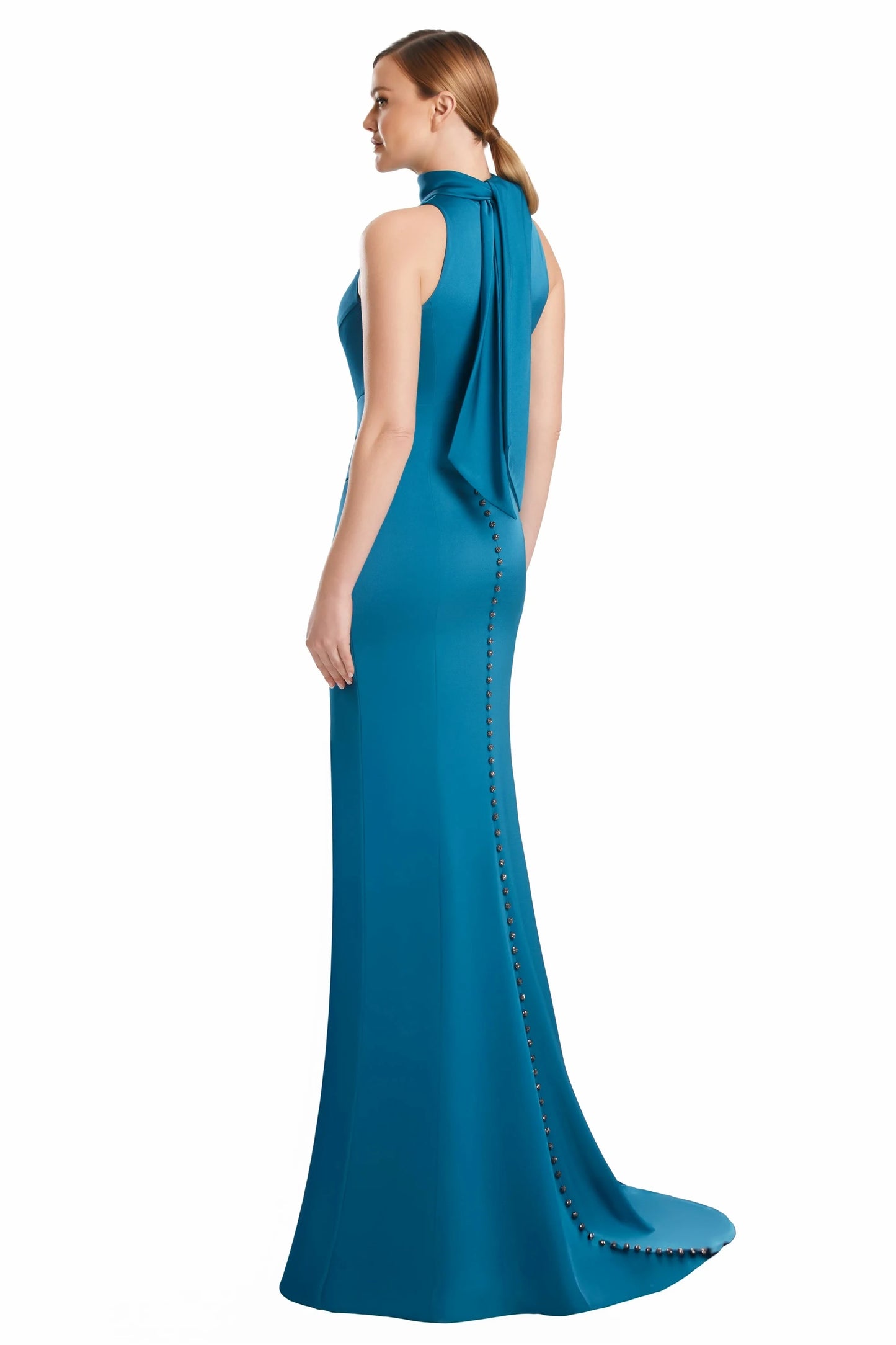 Sophisticated Satin Sheath Halter Sleeveless Button-Back Floor-Length Mother of the Bride Dresses