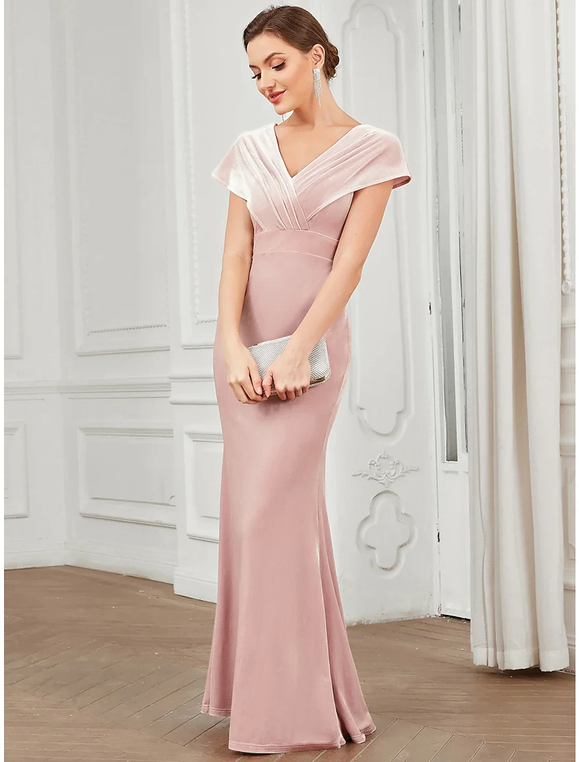 Sophisticated Velvet Mermaid V-Neck Cap Sleeves Low V-Back Floor-Length Prom Dresses