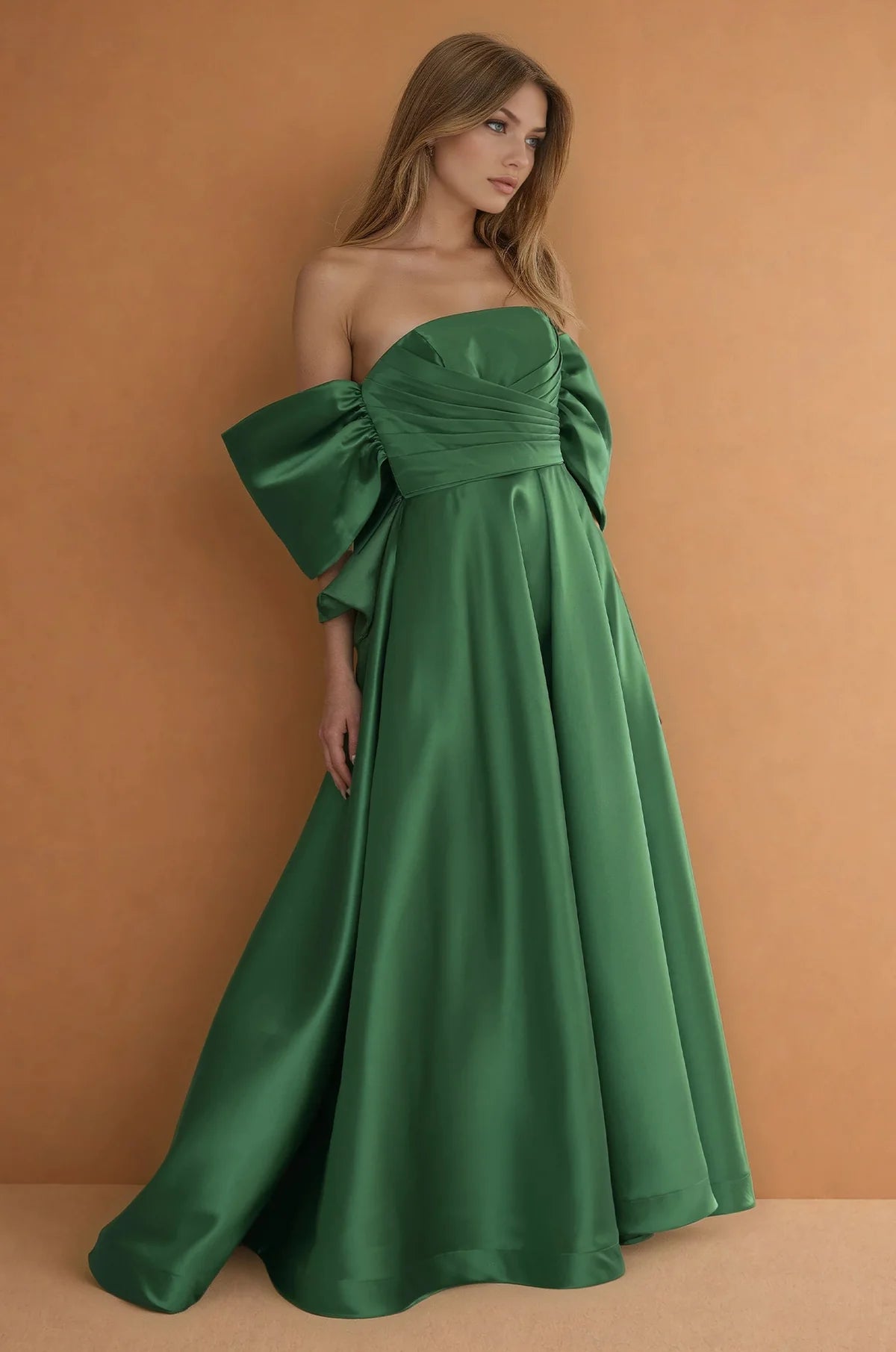 Sophisticated satin a line off shoulder puffed sleeve open back floor length evening dress with ruched waist