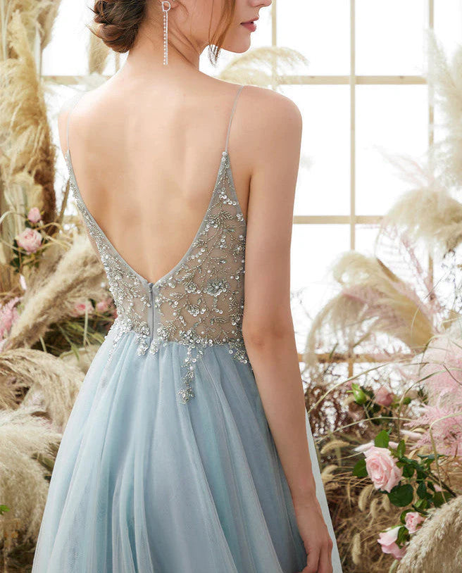 Spaghetti Straps V Neck Tulle Prom Dress With Appliques A Line Long Formal Dress With Beads