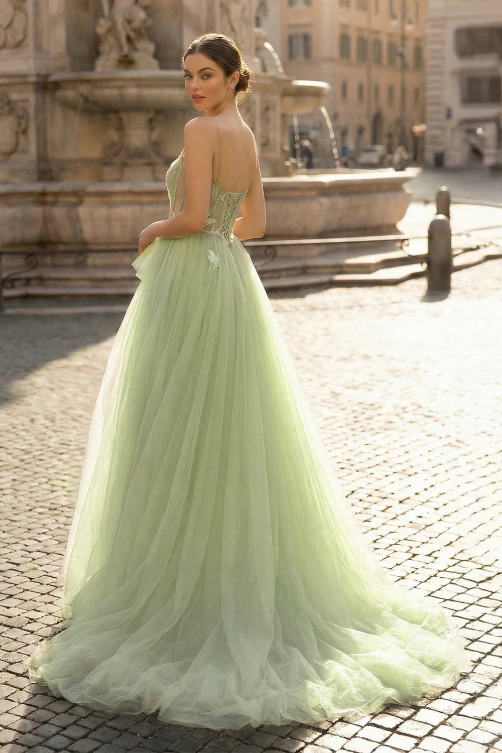 Spaghetti Strap Tulle Ball Gown Evening Dress with 3D Floral Applique, Lace-Up Back & Sweep Train