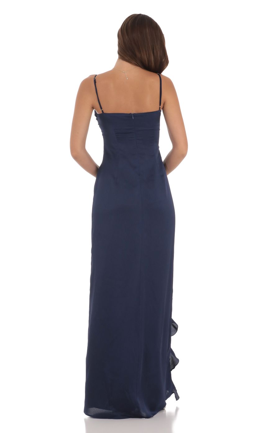 Spaghetti Strap Ruffled V-neck High Slit Maxi Evening Dresses with Satin Fabric