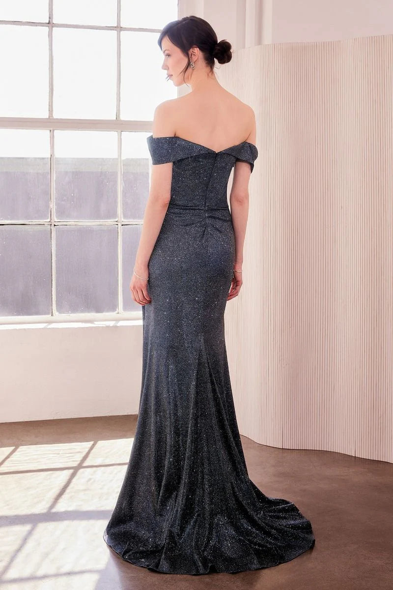 Sparkling off-the-shoulder metallic evening gown with ruched bodice, high slit and mermaid train