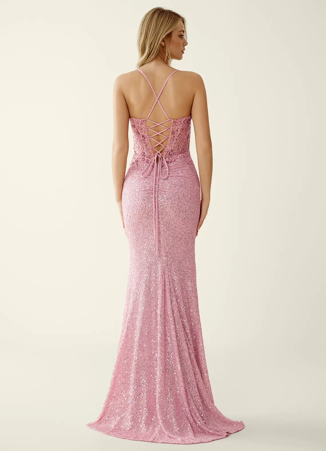 Sparkly Sequin Spaghetti Strap V-Neck Lace Appliqué Ruched High Slit Train Prom Dress