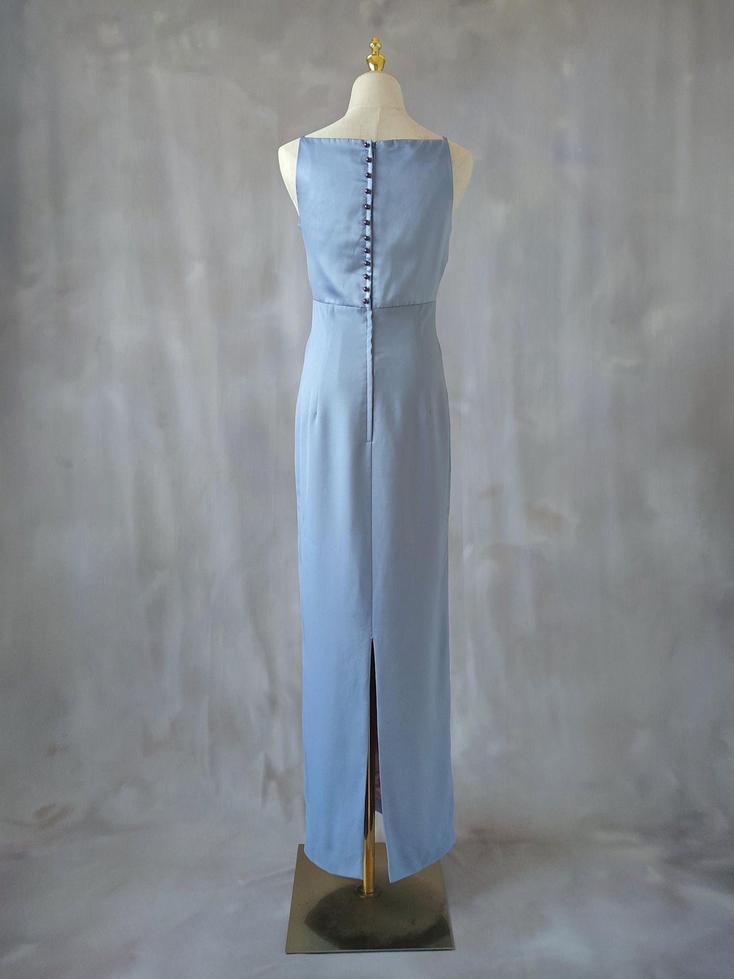 Square Neck Evening Dress with Spaghetti Straps, Back Button Detail, Waist Tie and Back Slit