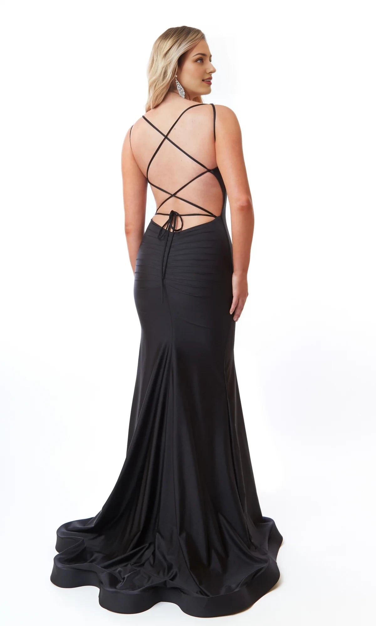 Square neckline sleeveless back strap exposed back side slit and floor length evening dress
