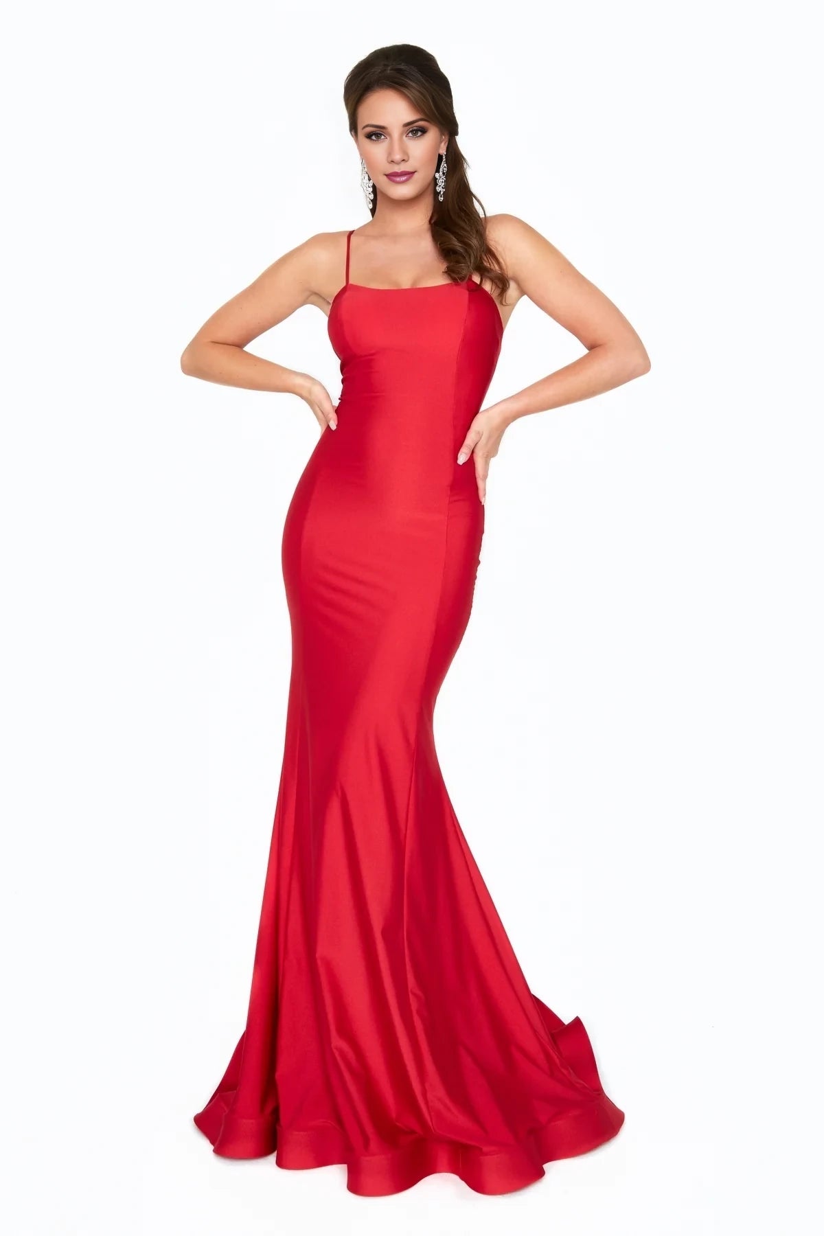 Square neckline thin shoulder straps backless and floor length evening dress