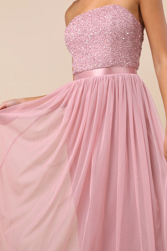Strapless Evening Dresses with Beaded Bodice, Satin Waist Sash and Flowing Tulle Skirt Formal Gown