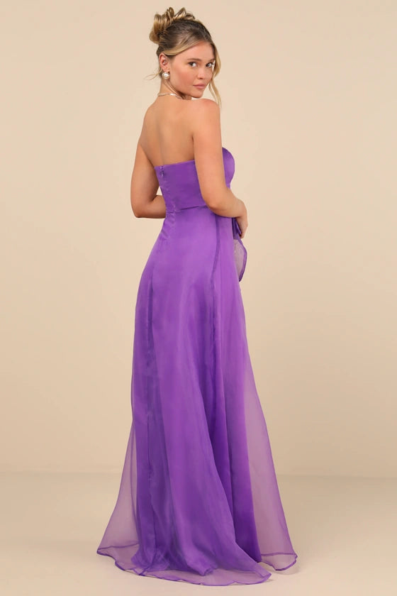 Strapless Evening Dresses with Organza Ruffle Detail, High Slit and Flowing Chiffon Skirt Formal Gown
