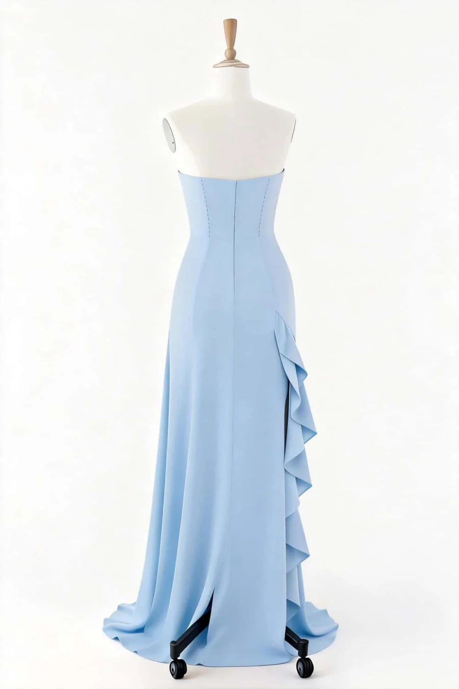 Strapless Sweetheart High Slit Cascading Ruffle Crepe Floor Length Evening Dress