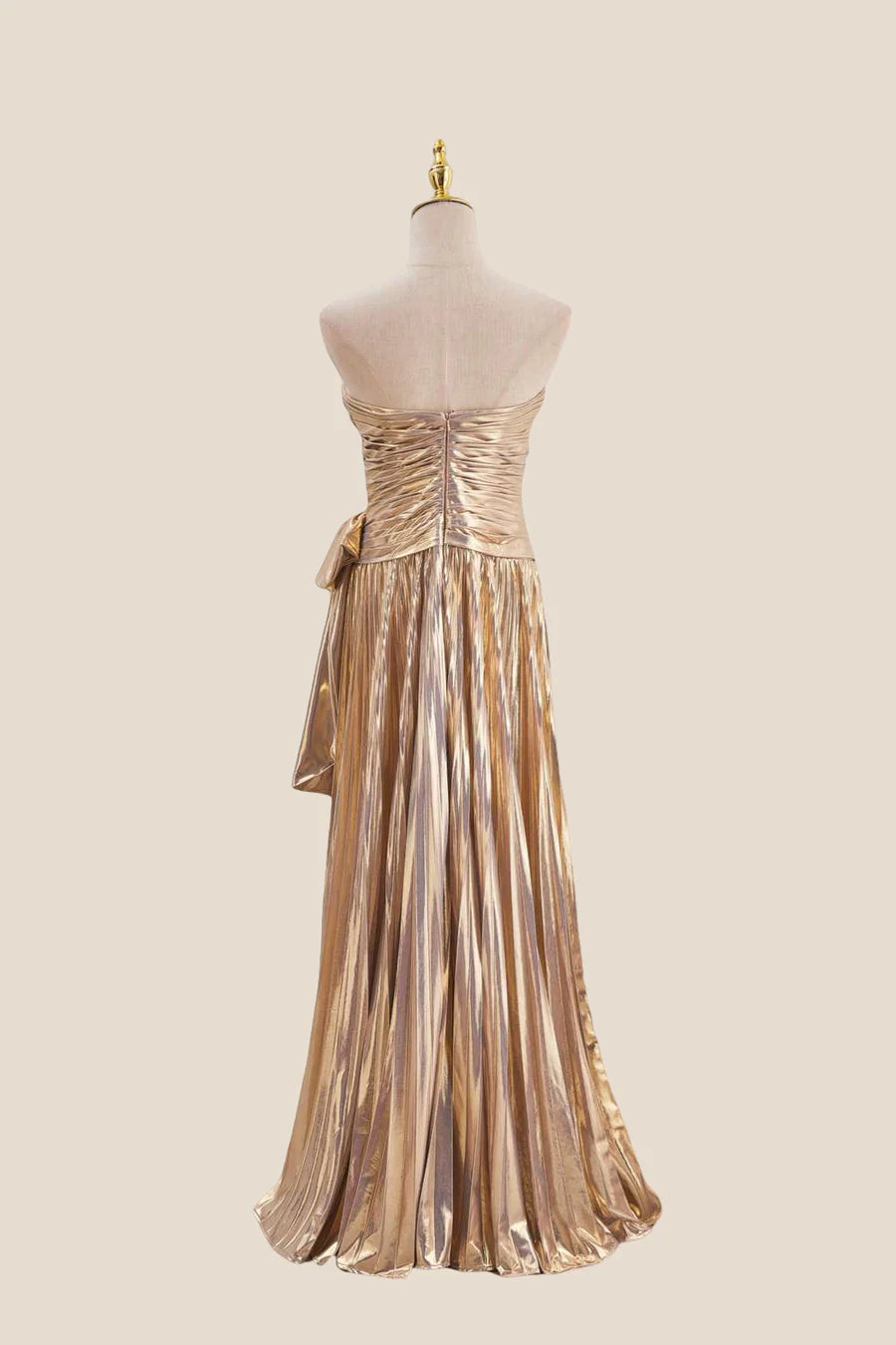 Strapless Sweetheart Metallic Ruched Bow Accent Slit Floor Length A-Line Prom Dress