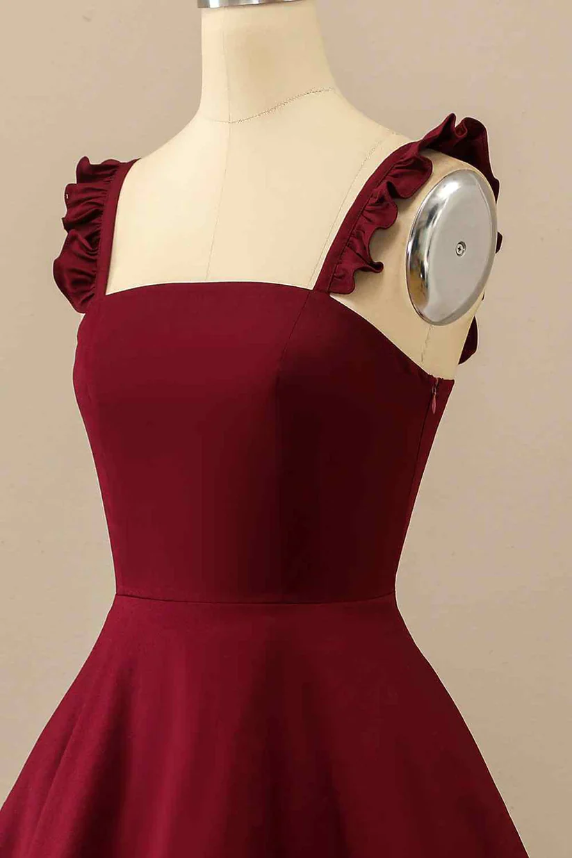 Stretch Crepe Mini Fit Flare Square Neck Ruffle Spaghetti Strap Smocked Back Side Zipper Homecoming Dresses