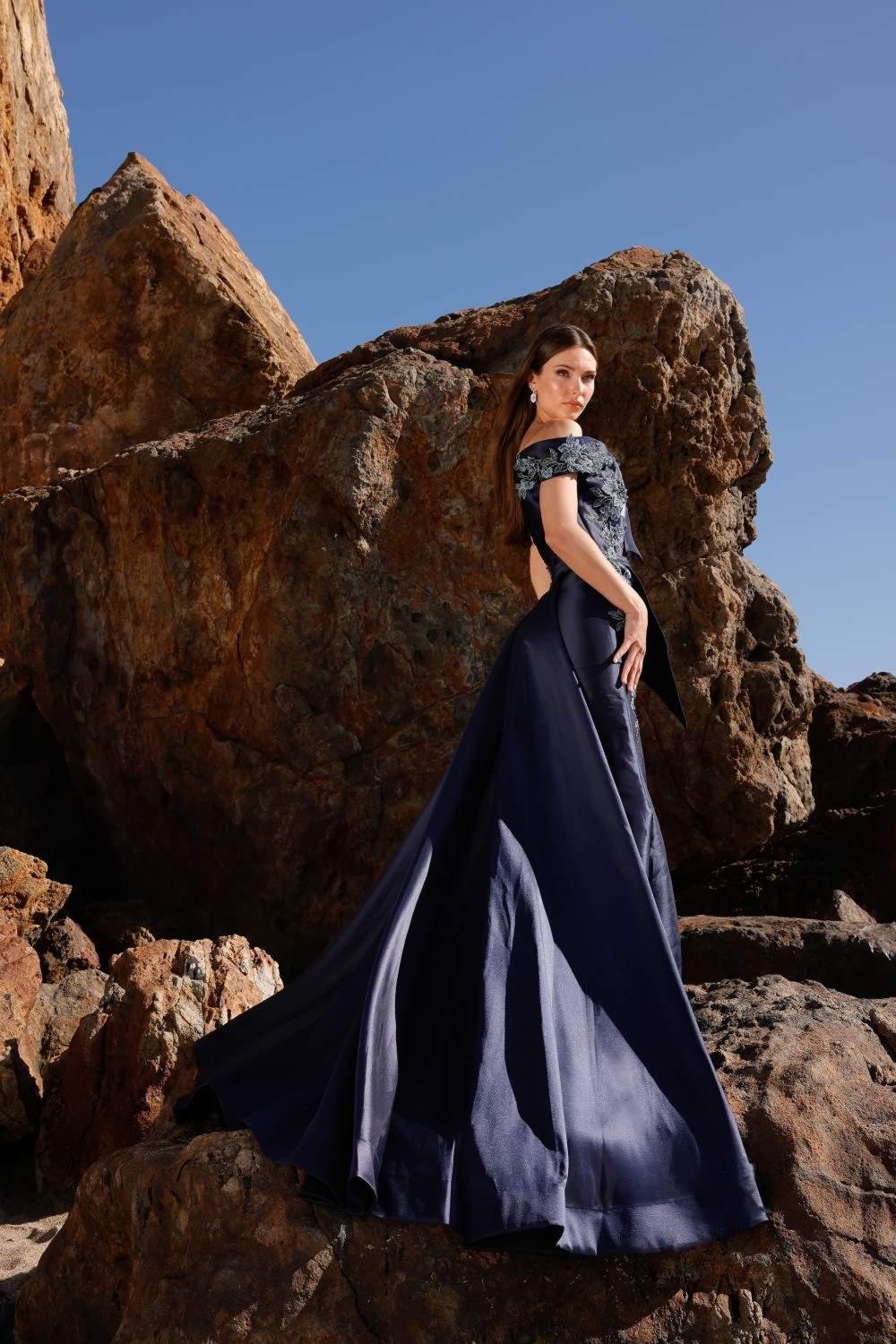 Striking Evening Dress with Off-the-Shoulder Neckline, Floral Embroidery and Overskirt