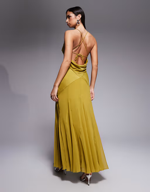Striking Satin Bias Cut Maxi Dress Cowl V Neck Spaghetti Strap Open Back Evening Dresses