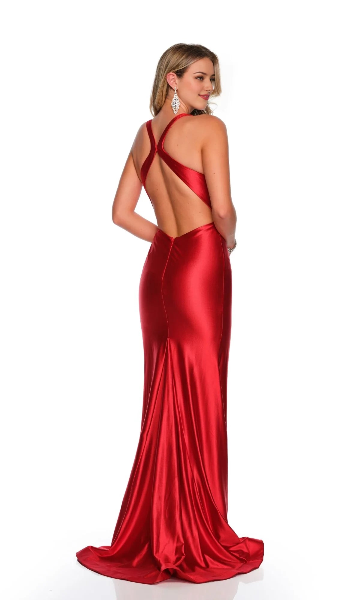 V-neck off shoulder sleeveless backless side slit and floor length evening dress
