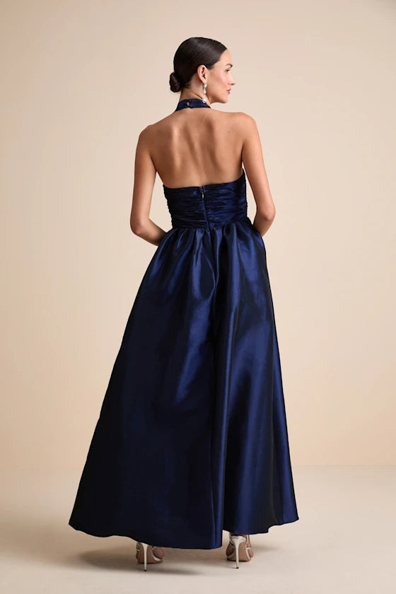 Timeless Halter Evening Dresses with Ruched Bodice, Voluminous A-Line Skirt, Hidden Side Pockets and Lustrous Satin Formal Gown