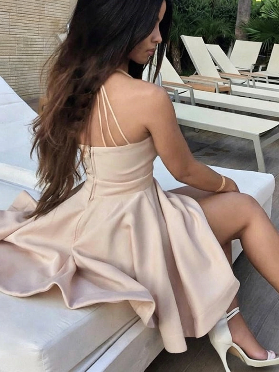 Triple Thin Strap Deep V Crisscross Back Skater Mini Homecoming Dresses