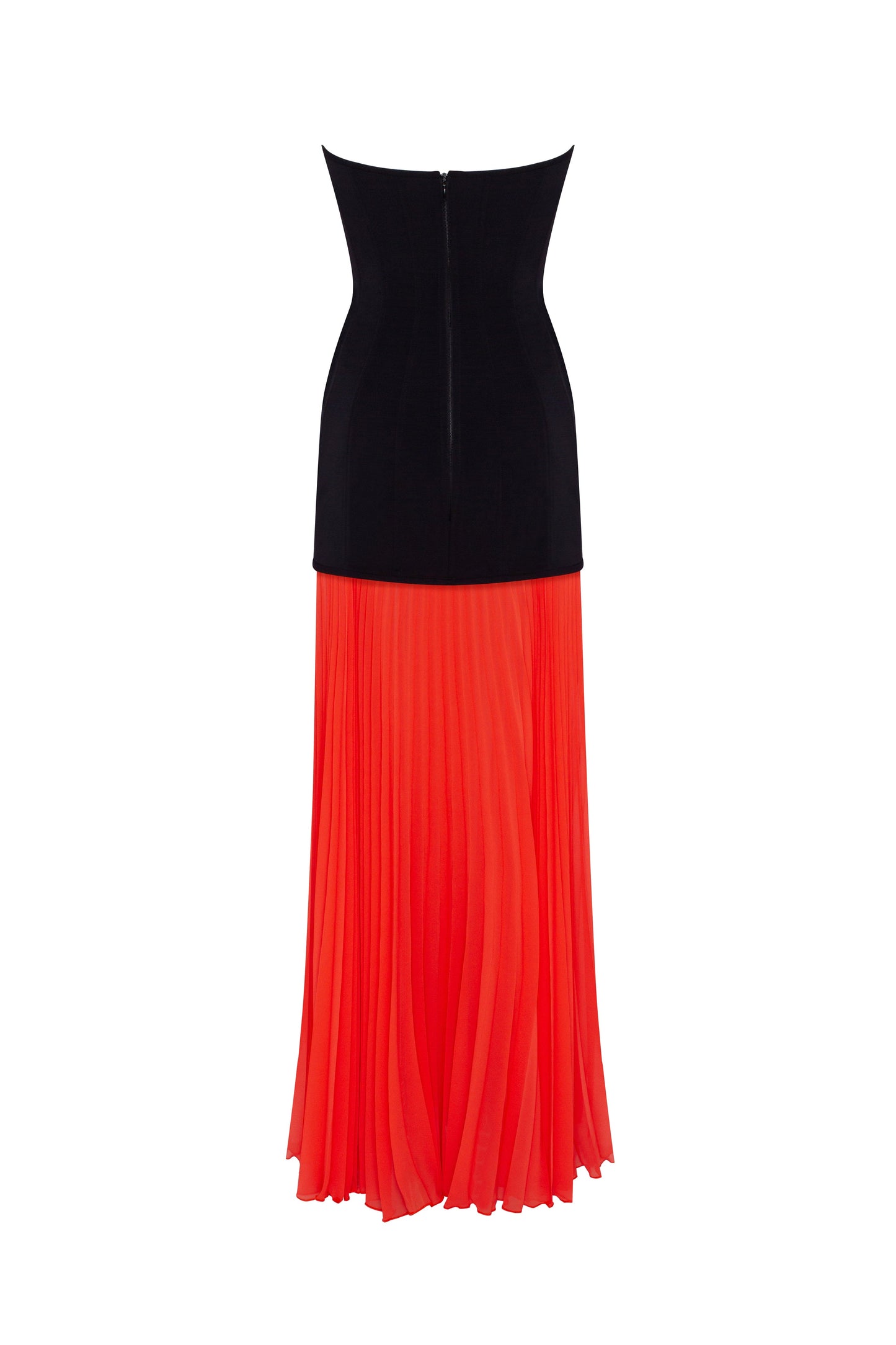 Two-Tone Strapless Evening Dress with Structured Bodice and Pleated Chiffon Skirt