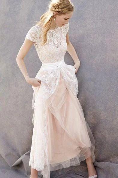 Lovely Blush Pink Tulle Lace Bridal Dress Cap Sleeves Sleeveless Wedding Dress