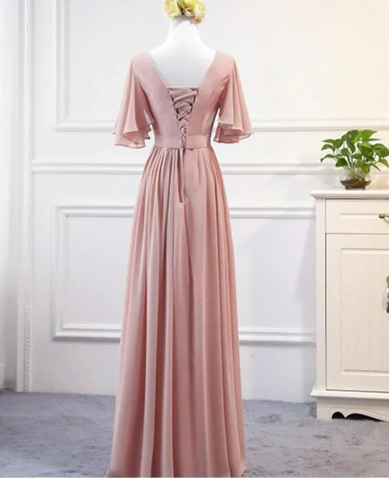 V-Neck Flutter Sleeve Lace-Up Back Chiffon A-Line Prom Dresses