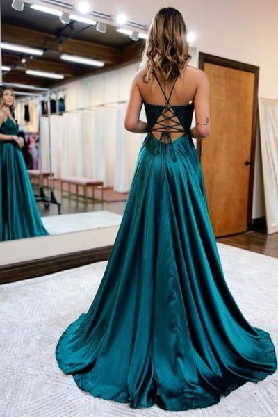 V-Neck Spaghetti Strap Lace-Bodice Satin A-Line Prom Dresses