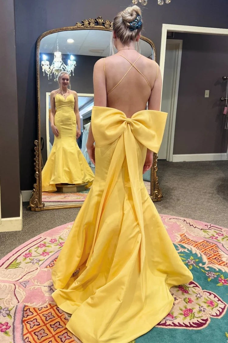 V-Neck Spaghetti Strap Mermaid Evening Dress with Crisscross Open Back, Oversized Bow & Sweep Train