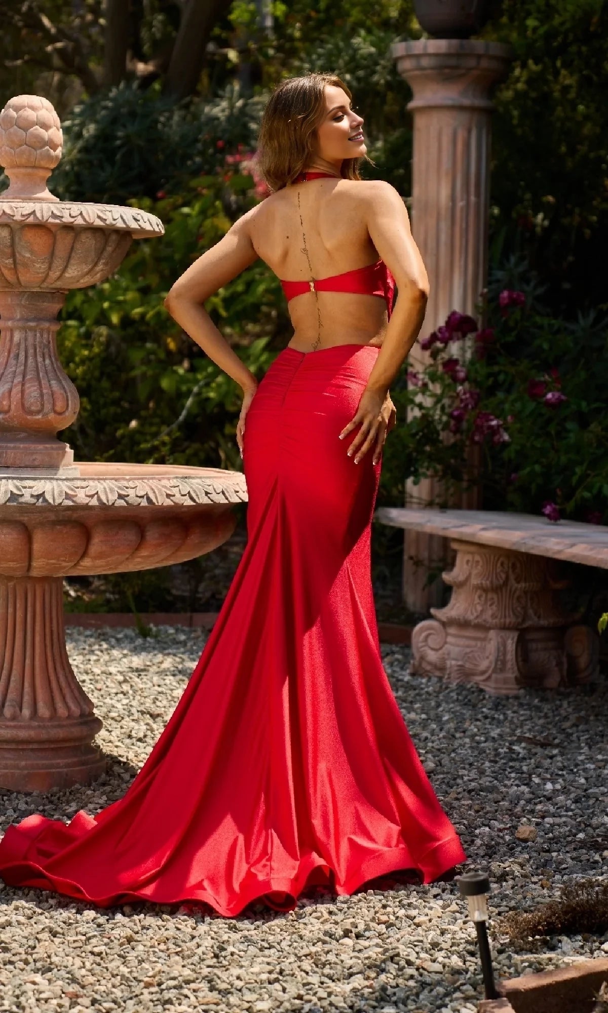 V-neck hanging neck sleeveless backless side slit mermaid and floor length evening dress