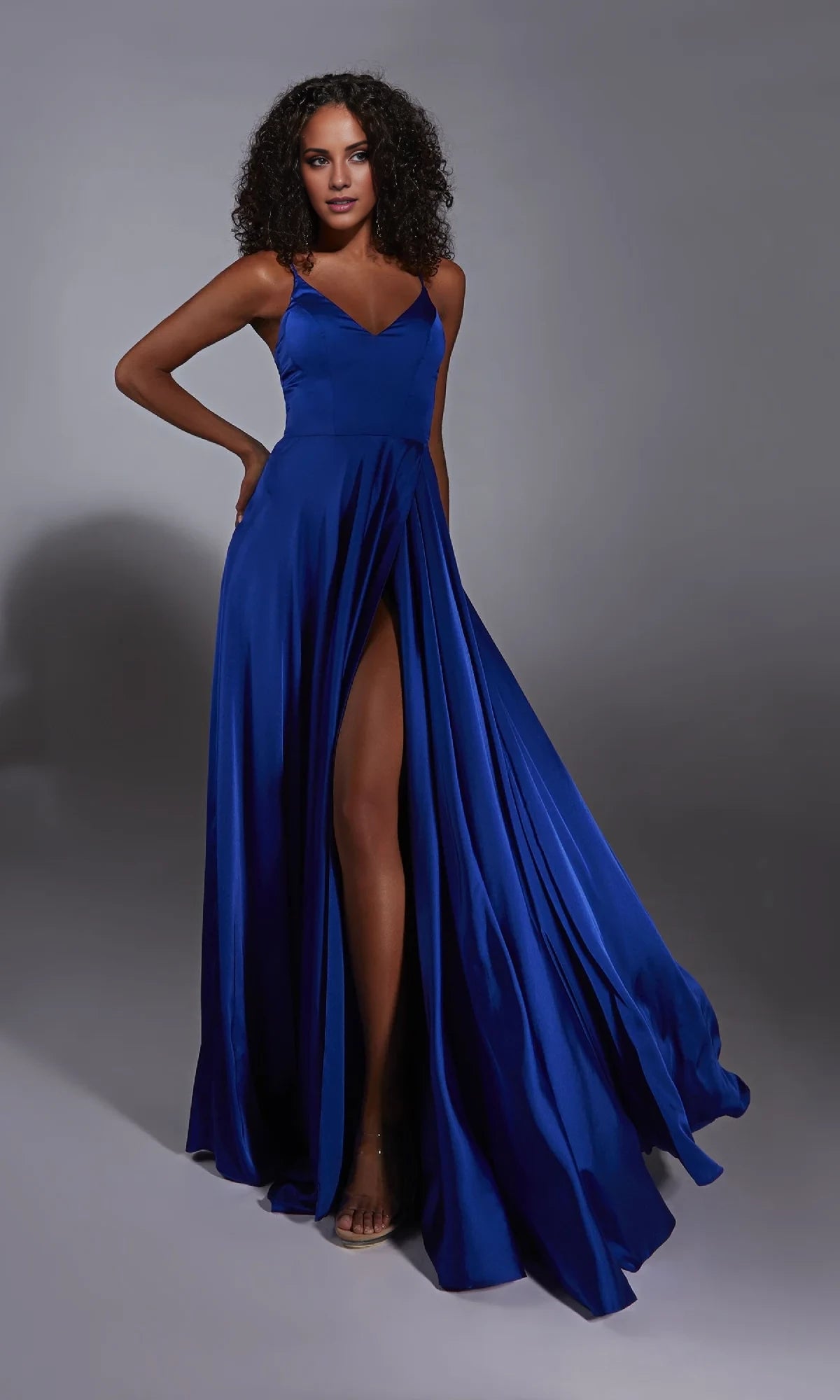 V-neckline off shoulder sleeveless thin shoulder strap backless side slit and floor length Prom dress