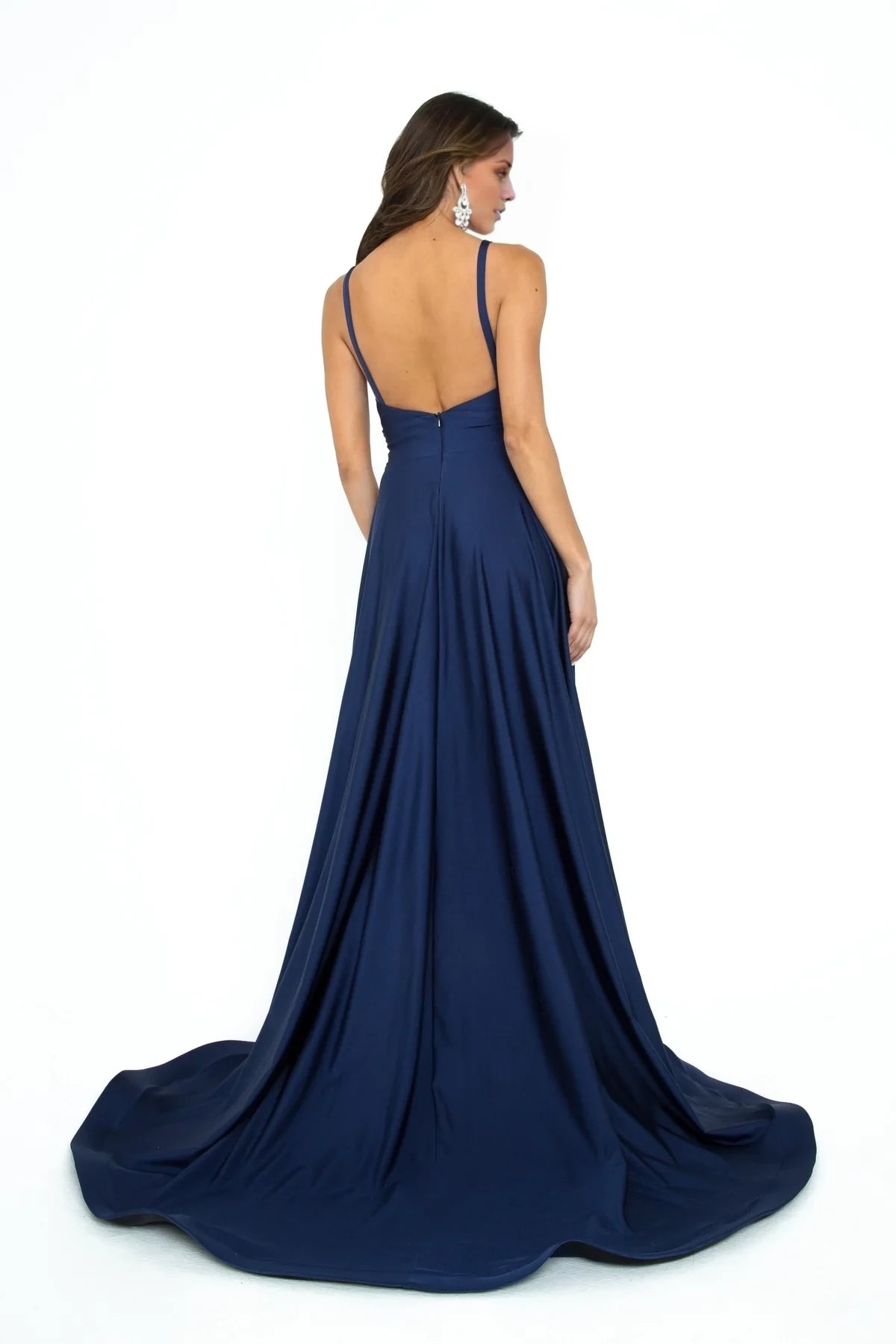 V-neck off shoulder sleeveless backless side slit and floor length evening dress