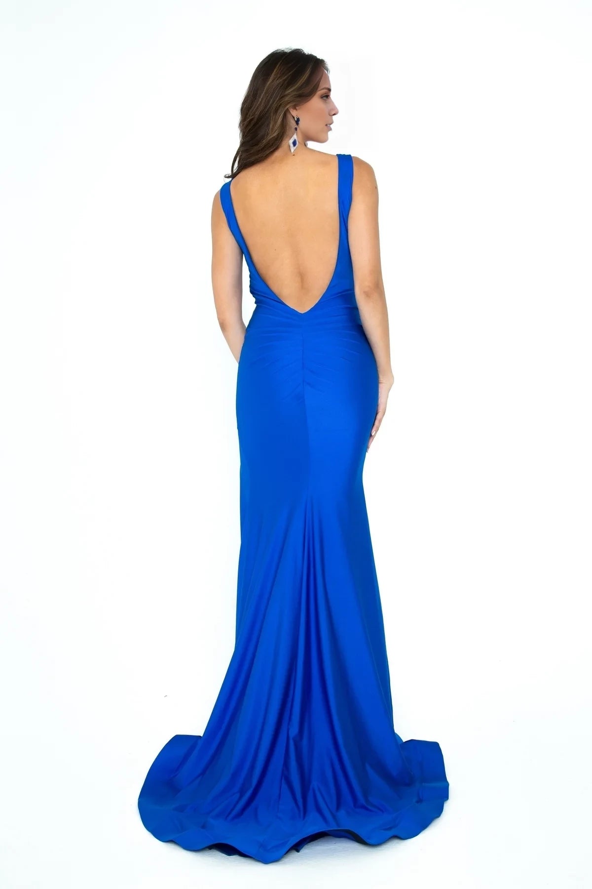 V-neck sleeveless backless side slit and floor length evening dress