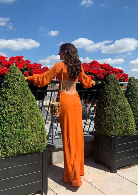 Vibrant A-Line V Neck Long Sleeve Open Waist Open Back Floor Length Prom Dress