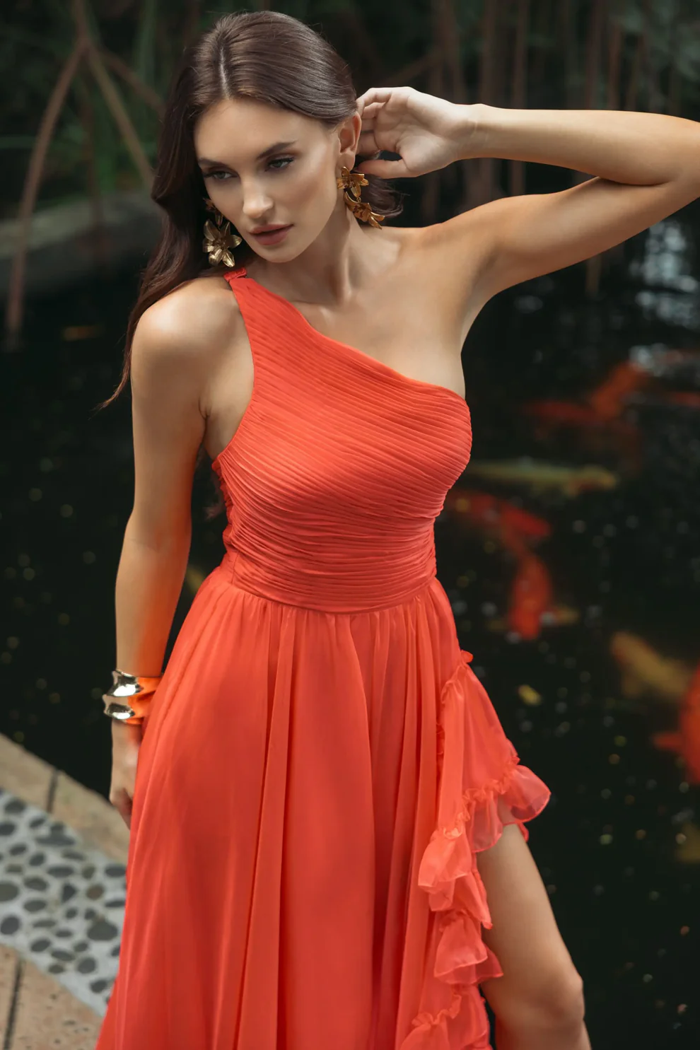 Vibrant One-Shoulder Ruched Chiffon Ruffle Slit Cutout Back Evening Gown