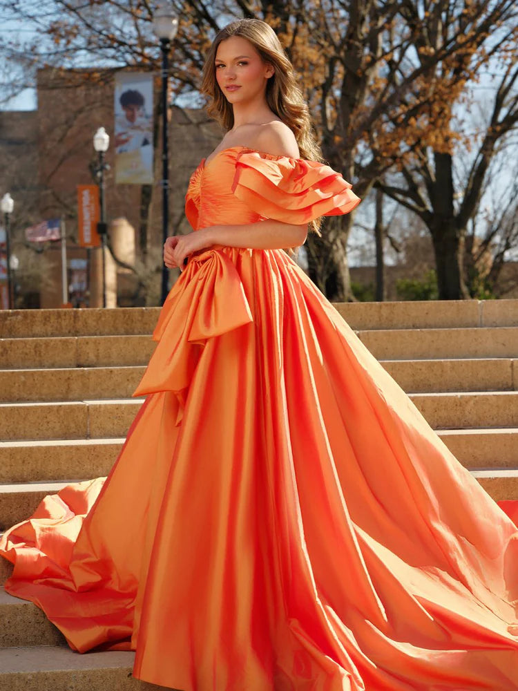 Vibrant A-Line Sweetheart Off-the-Shoulder Ruffled Lace-Up Floor-Length Evening Dresses with Slit and Bow Detail