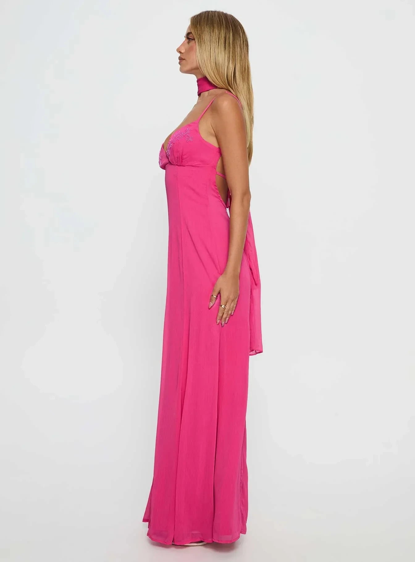 Vibrant Chiffon A-Line V-Neck Spaghetti Strap Open Back Tie Detail Floor-Length Evening Dresses