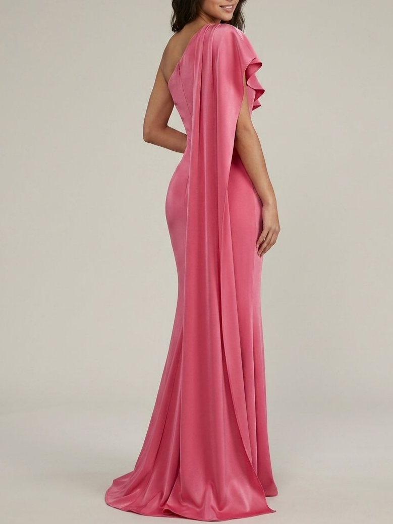 Vibrant hot pink glossy satin mermaid one shoulder ruffle drape plain zip back floor length evening dress