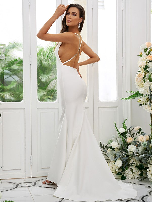 White Mermaid Square Neck Crisscross Back Satin Sweep Train Minimalist Wedding Dress